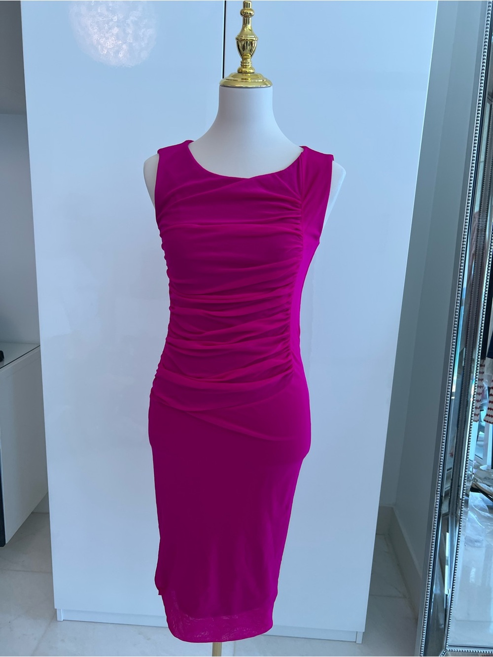 Sleeveless Ruched Midi Dress in Fuchsia